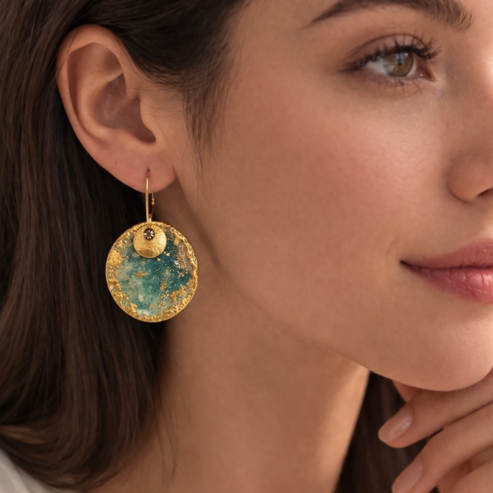Handcrafted Blue and Gold Disc Drop Earrings with hoops